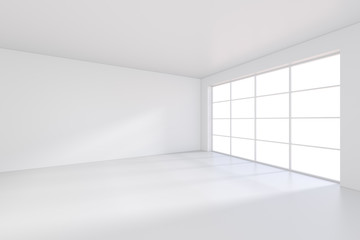 Large room with windows and falling light from the window to the floor. 3D rendering. - obrazy, fototapety, plakaty