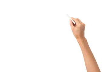 Naklejka premium Hand holding white chalk and starting to write isolated on white background