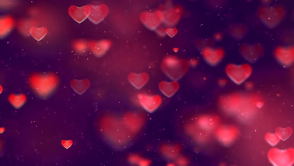 abstract christmas gradient red and purple gradient background with bokeh glitter and red hearts shape flowing, valentine day love relationship holiday event festive concept