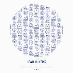 Head hunting concept in circle with thin line icons: employee, hr manager, focus, resume; briefcase; achievements; career growth, interview. Vector illustration for banner, web page, print media.