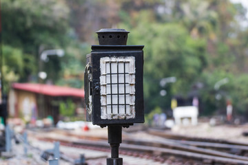 Black lamp beside on the railroad For the light at night. Bangkok of Thailand 