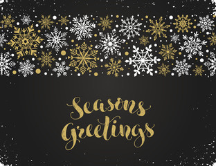 Seasons greetings greeting card template. Modern winter lettering with snowflakes horizontal frame on chalkboard. Merry Christmas vector illustration with text.