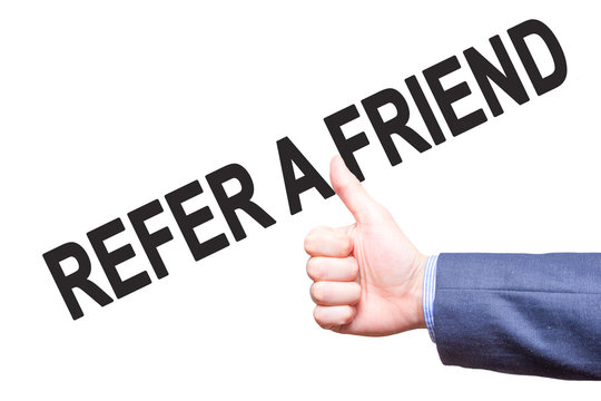 Manthumbs up. Sign REFER A FRIEND . Business, technology, internet concept. Stock Photo - Stock image