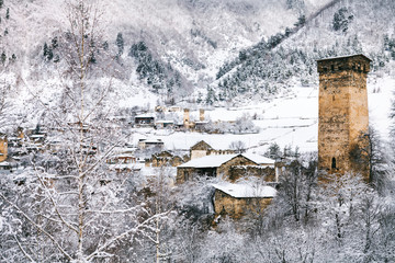 Panoramic view on Medieval towers in Mestia in the Caucasus Mountains, Upper Svaneti, Georgia.