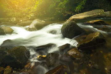 flow of waterfall on sun light from tree