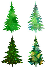 Set of Green Holiday Christmas Trees, Winter Symbols with Colorful Patterns, Isolated on White Background. Eps10, Contains Transparencies. Vector
