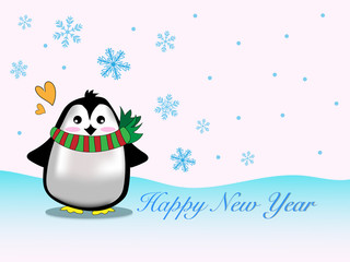 Vector and illustration of cute penguin wearing Christmas theme cloth and scarf standing on iceberg in the north pole with blue snowflake and snowfall background, for Christmas, winter new year 