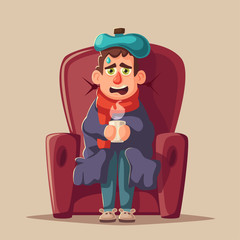 Sick man. Unhappy character. Vector cartoon illustration