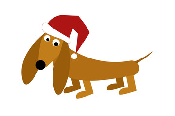 Dachshund in the red cap of Santa Claus. Chinese symbol of 2018. Eastern horoscope. Happy New Year and Merry Christmas!