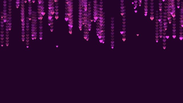 Purple hearts fall from top seamless loop. Dark purple background.