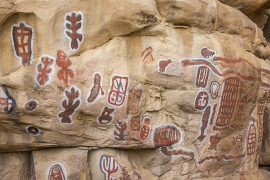 Rock paintings representing different clans of the village, circumcision site, Songo, Mali
