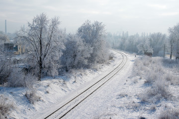 Scenic view of railway along snowy trees