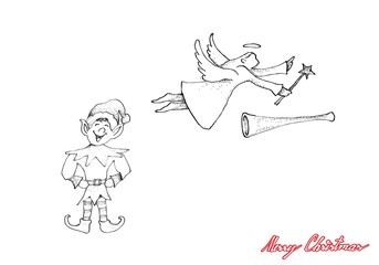 Hand Drawn of Lovely Christmas Angel and Elf