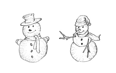 Hand Drawn of Two Cute Snowman on White Background