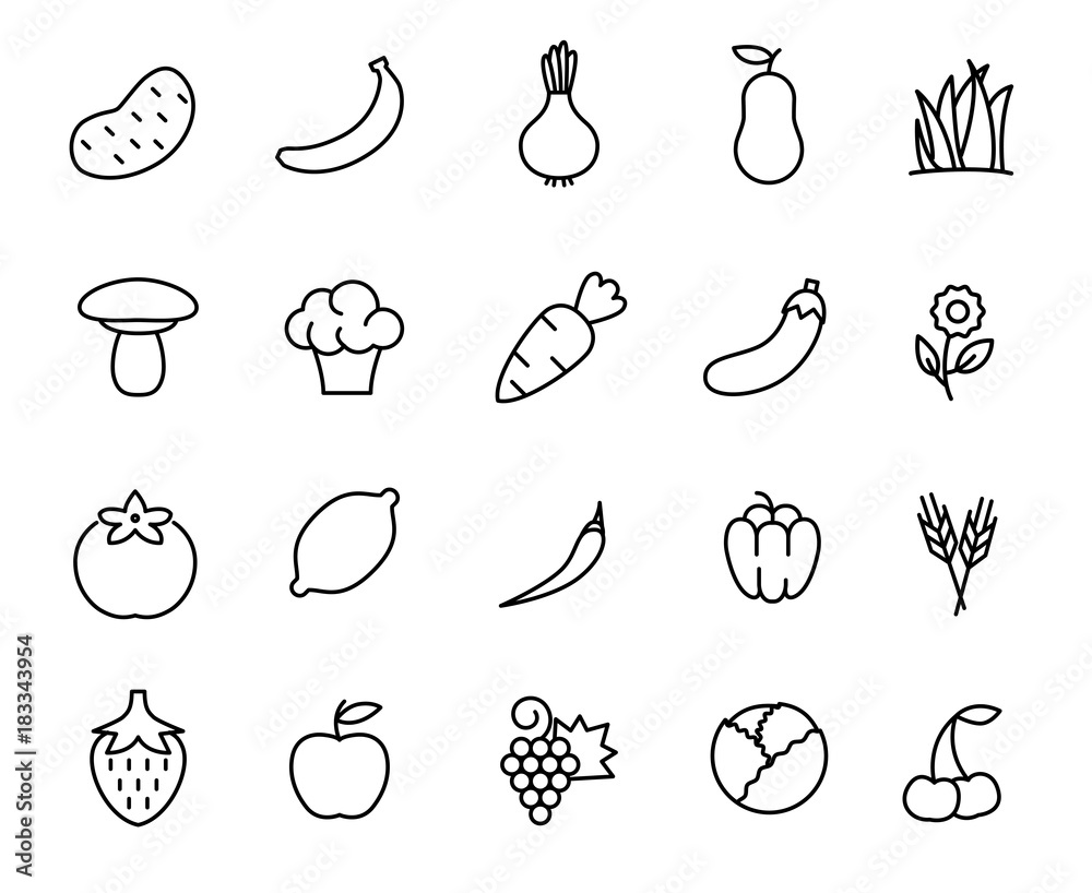 Poster simple collection of vegetarian food related line icons.