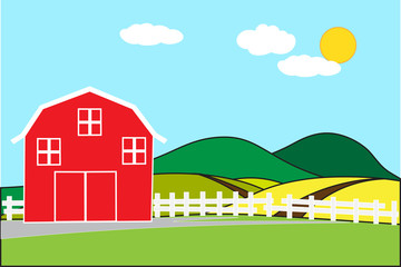 Red barn on a hill in the rural area of rice fields on a bright day and empty space for text. Background concept development for business cultivation and flat cartoon wide angle view.  -EPS10