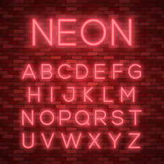 Realistic neon alphabet. Bright neon glowing font