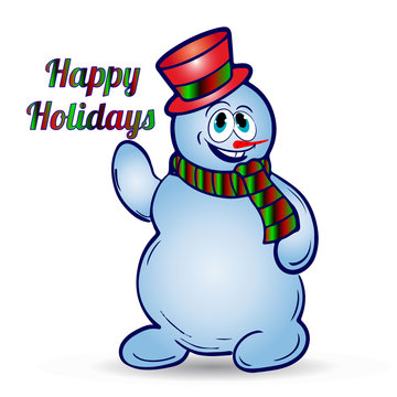 Cheerful Christmas snowman in hat and scarf, wishes all good holidays, cartoon on white background,