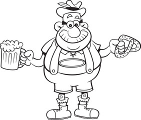 Black and white illustration of a man holding a beer mug and a pretzel.