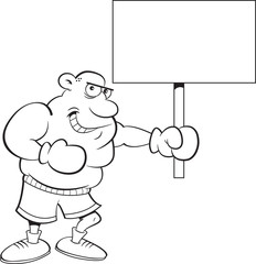 Black and white illustration of a boxer holding a sign.