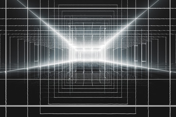 Abstract Futuristic black and white corridor interior design with end of light.Future concept. 3D Rendering