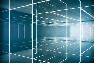 Abstract Futuristic dark corridor interior design with end of light.Future concept. 3D Rendering
