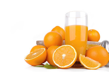 glass of orange juice with fruits on white 
