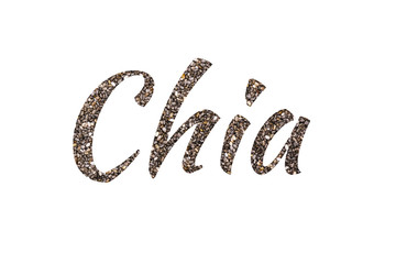 Chia seeds background. Word Chia on white