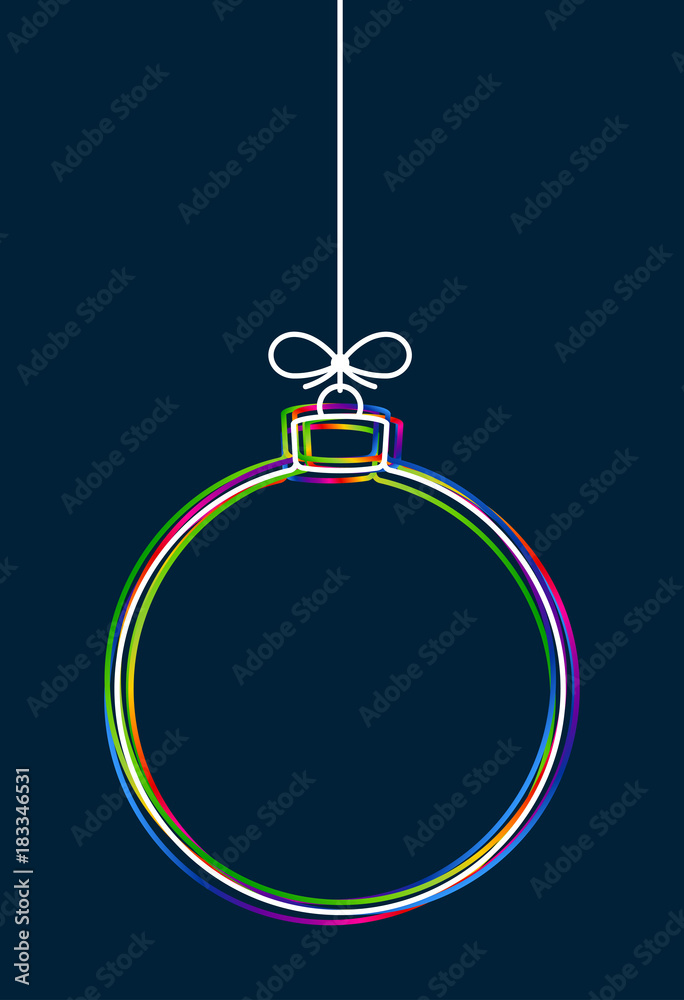 Poster Vector hanging abstract colorful Christmas ball on a string with a bow consisting of multicolored outlines on dark blue background