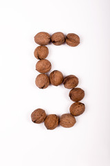 five nuts on white background, isolated