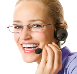 Support phone operator in headset, isolated