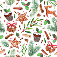 The christmas, new year elements set, hand-drawn watercolor seamless pattern, isolated on white background.