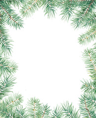 Merry Christmas pattern with firtree border. Watercolor handdrawn illustration isolated on white background.