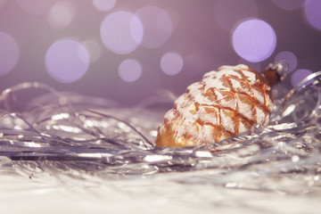 Seasonal new year and christmas greeting card composition with toys and decorations on it. Bokeh background. Copy space