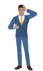 Businessman showing thumb up and grabbed his head