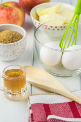 Ingredients for cardamom cognac apple cake.