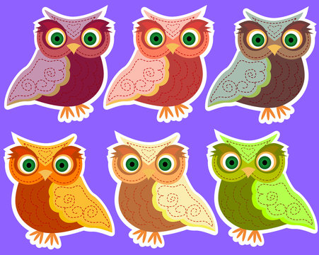 Six cute cartoon multicolored owls in a white outline, stickers