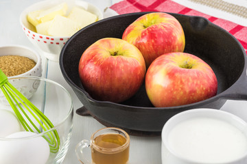 Ingredients for cardamom cognac apple cake.