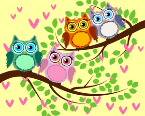 Obraz premium Bright cute cartoon owls sit on the flowering branches of fantastic trees