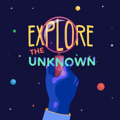 Naklejka premium Explore slogan and space illustration vector. A hand with a magnifying glass. Conceptual Vector Illustration