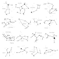 Set of vector constellations of the northern and southern hemispheres - Ursa Minor and Major, Pegasus, Cassiopea and others. All main constellation with names of stars and constellations. Sky map - obrazy, fototapety, plakaty