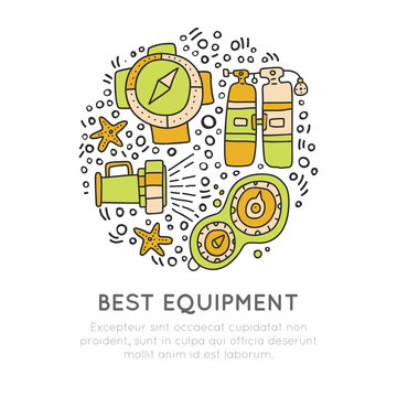 Diving equipment hand draw icons. Underwater activity vector icons. Scuba-diving elements and summer concept - dive line doodle icons in round form. Marine symbols. Scuba diving and underwater objects
