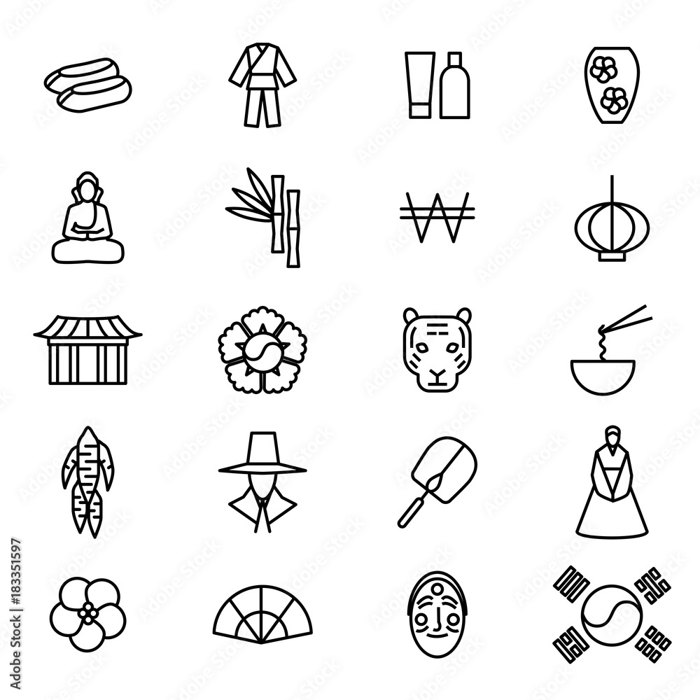 Canvas Prints Korea Travel and Tourism Black Thin Line Icon Set. Vector