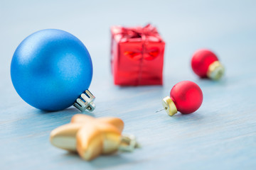 Christmas and Happy New Year holidays background with decoration items, selective focus