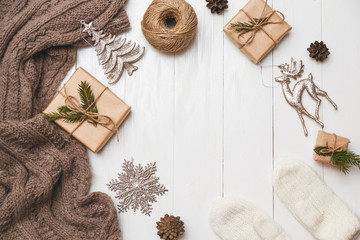 Christmas and new year concept with copyspace in center. Different decoration. Flat lay, top view