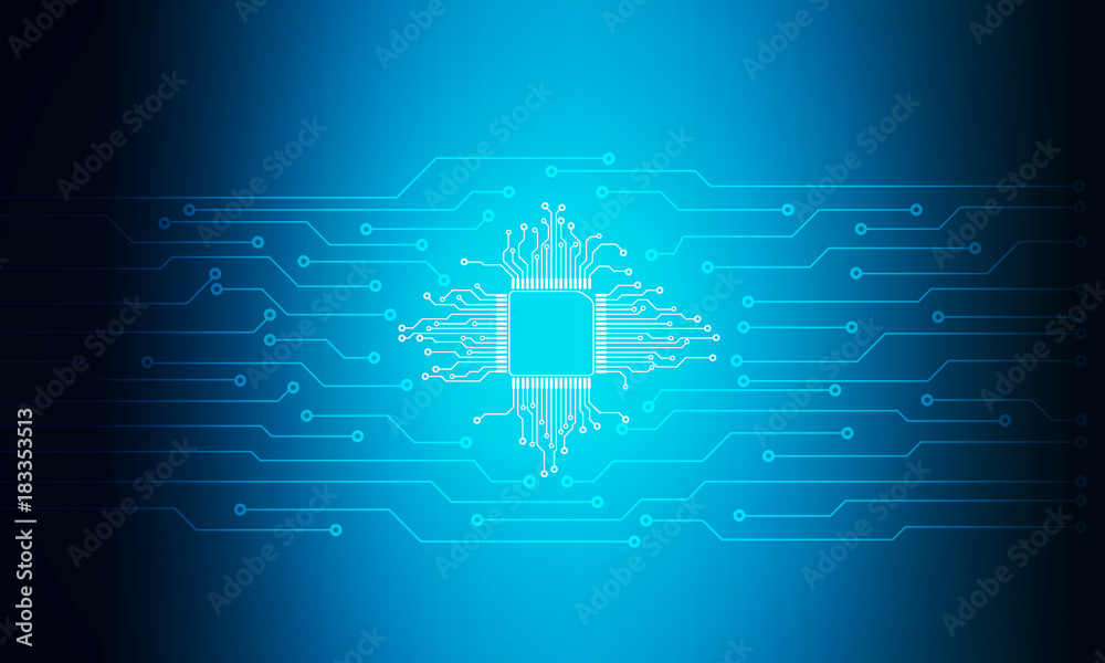 Aufkleber Blue Hi Technology Microprocessor Texture Vector Background. Abstract Chip Connected With Circuit Board.