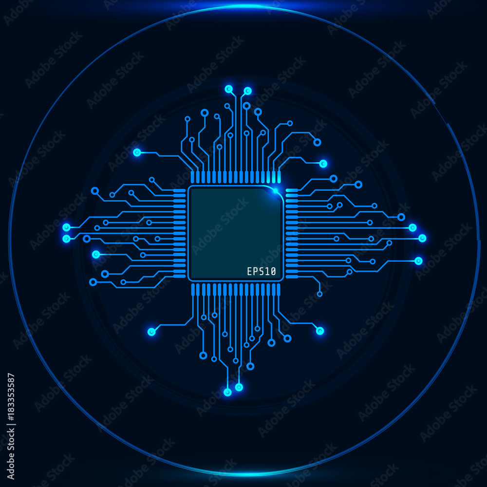 Aufkleber HUD CPU Virtual Interface Panel  Vector Background. Abstract Dark Blue Hi Technology Microprocessor In Circle Communication Screen.