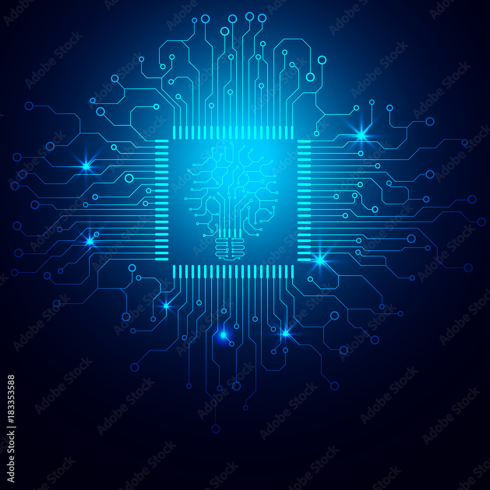 Aufkleber Hi Technology Microprocessor Graphic Banner Design Vector Background. Abstract Illustration Light Bulb With CPU Circuit Board Pad Pattern.