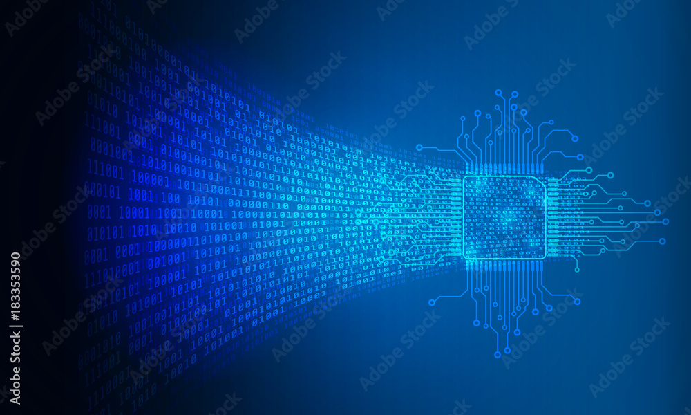 Aufkleber CPU Technology With Decryption And Encryption Binary Number Code iIllustrator Background. Blue Abstract Digital Microprocessor With Electronics Circuit Board Pad System.