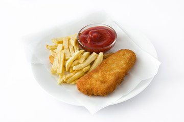 Traditional British fish and chips isolated on white background

